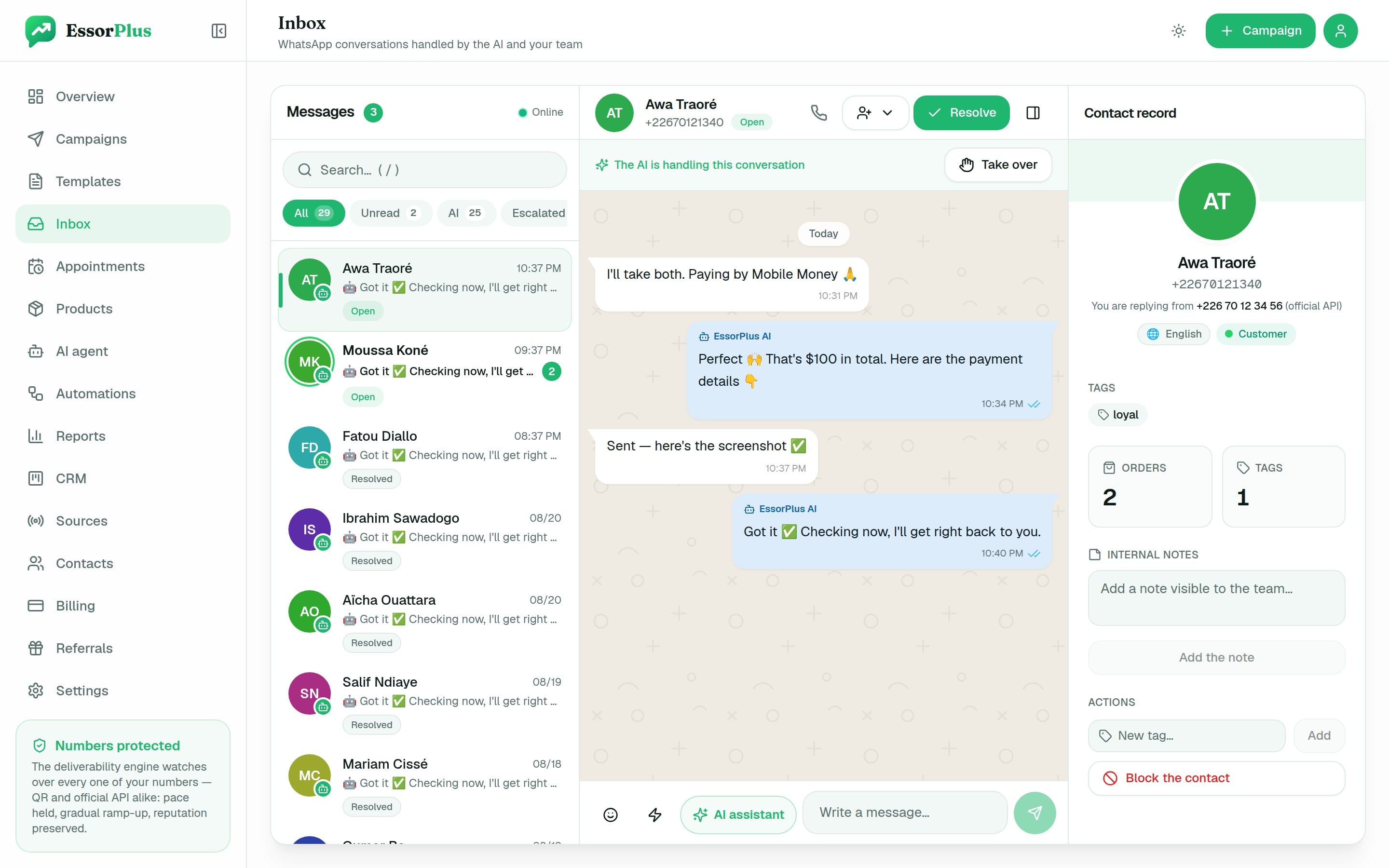 EssorPlus inbox: AI and team conversations, customer profile, take over