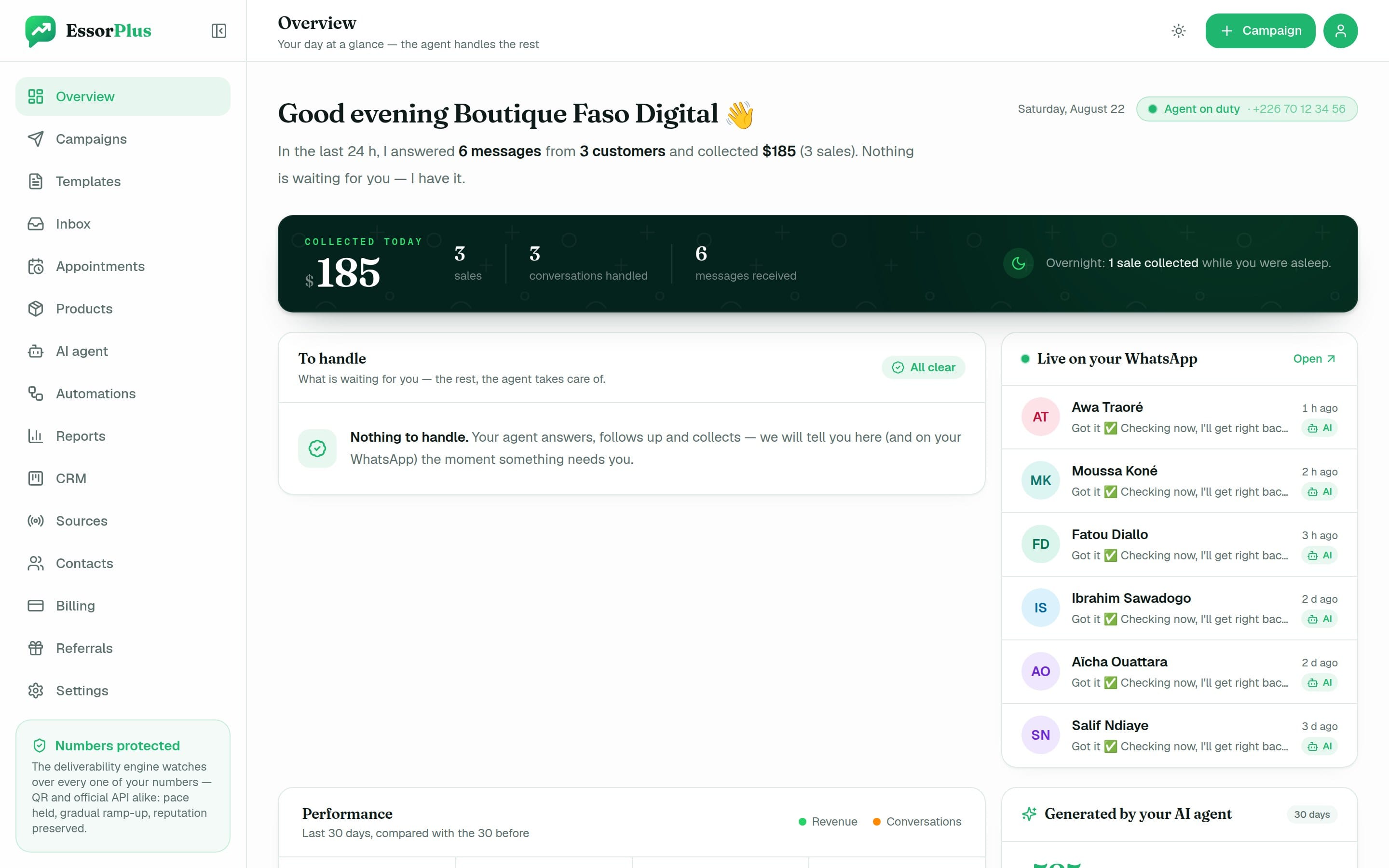 EssorPlus overview: collected today, overnight sales, live conversations